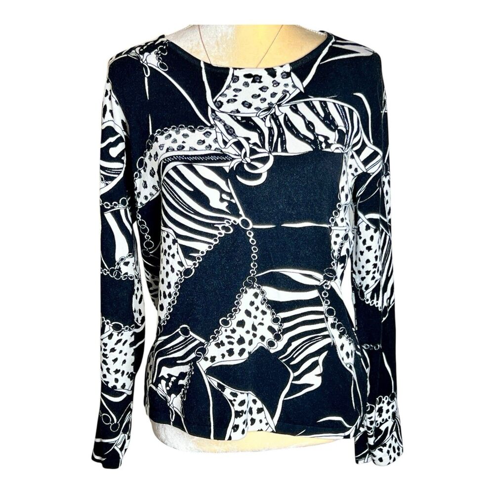 Pierri New York Knit Pullover Blouse Top Sz L B/W Print Long Sleeves Front Bling
